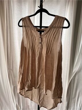 Sleeveless Pleated High-Low Tunic Top - Beige